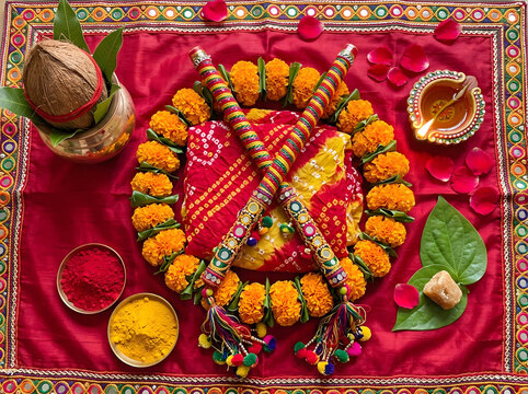 Navratri Garba Dandiya Sticks Colorful Traditional Gujarat Celebration Flat Lay