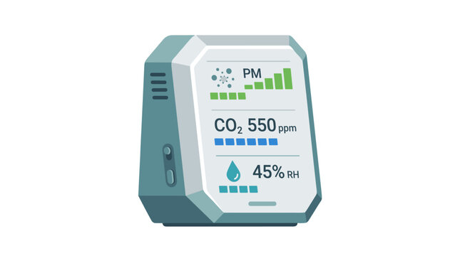 Digital indoor air quality monitor displaying CO2, particulate matter, and humidity levels for health and home wellness