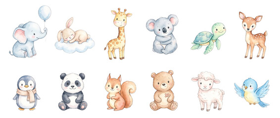 Fototapeta premium Cute Baby Animals Watercolor Clipart set featuring elephant, bunny, giraffe, koala, panda, bear and woodland characters isolated for nursery decor, baby shower graphics, and children stickers design.