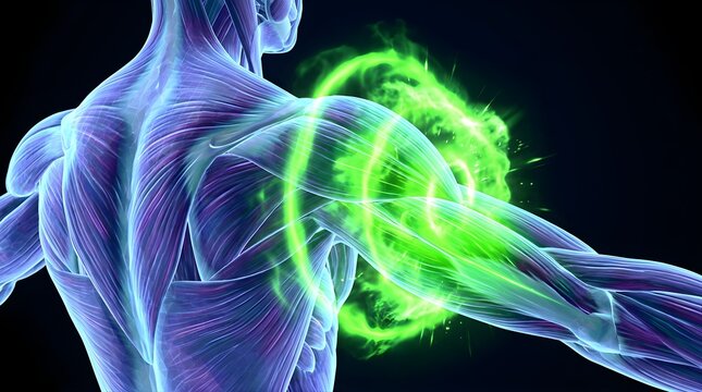 Human shoulder anatomy highlighting muscle pain with green energy effect