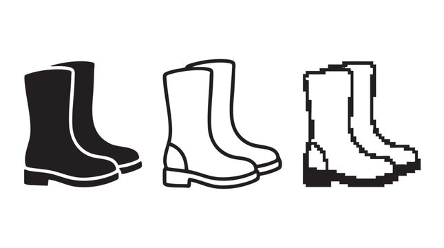 Three different artistic styles of rain boots displayed in a row side by side