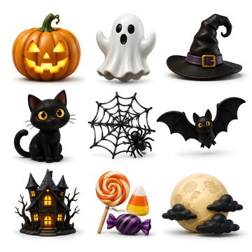 A collection of halloween themed objects including a pumpkin ghost and black cat rendered in 3d witchhat blackcat spiderweb bat