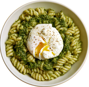 A dish featuring a bowl of pasta, pesto, and a poached egg, along with a PNG image that is transparent.