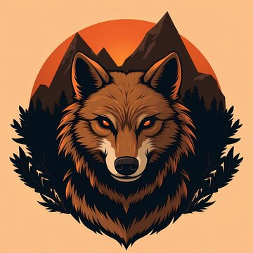 Wolf Head Mascot Illustration with Mountain Forest Badge