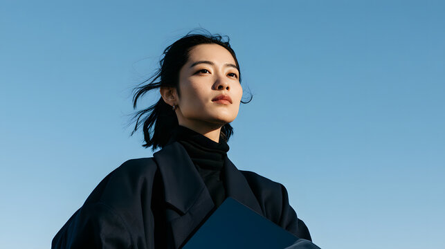 A woman in a dark coat stands outside on a clear sky, holding a laptop and looks towards the horizon with a calm expression