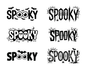 Fototapeta premium Spooky Halloween Text Lettering Vector Set Cute Ghost Bat Skull Design