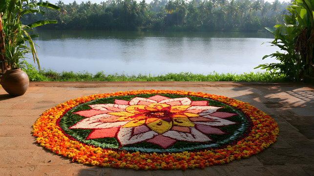 In the courtyard near the backwaters, a stunning pookalam flower carpet was placed to mark the happy onam harvest season, a festive occasion in Kerala's picturesque south India