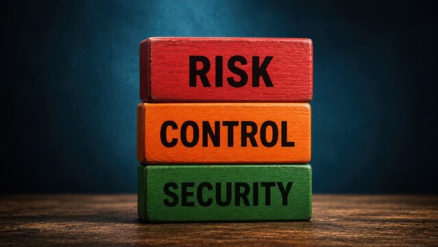 Risk control security written on colorful stacked wooden blocks for enterprise management strategies.