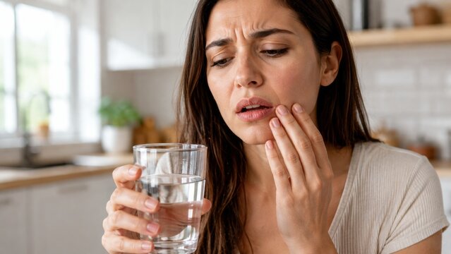 Sad woman feeling toothache pain while holding glass of water for sensitive teeth relief at home.