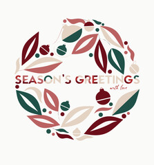 Season's greetings wreath with christmas ornaments and leaves in red, green, and beige on a white background © Shahnaz