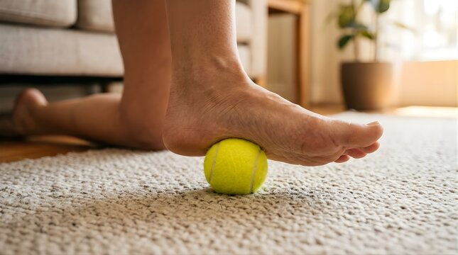 Person rolling foot on a tennis ball for plantar fasciitis relief at home