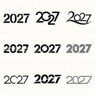 Minimalist 2027 typography set, black 2027 year numbers in nine styles, modern 2027 logo collection for calendar and event branding
