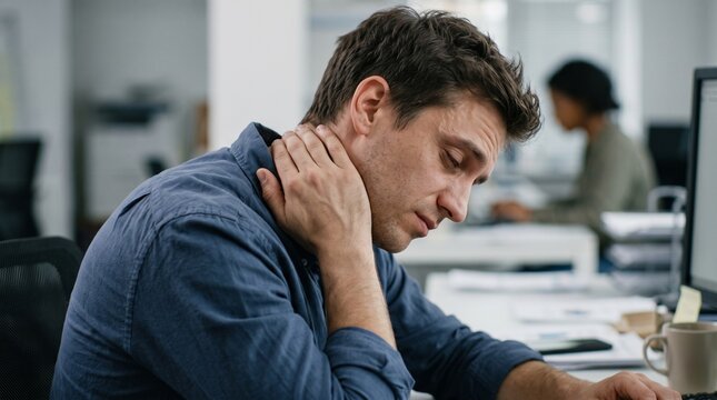 Tired office worker experiencing neck and shoulder discomfort after prolonged laptop use, massaging a stiff neck with tense facial expression and slouched posture.