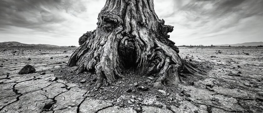 Dry tree roots amidst cracked earth landscape.