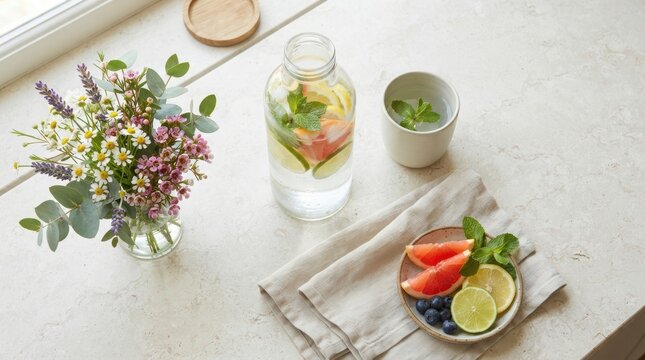 Fresh summer cocktails with lime slices and a colorful bouquet of flowers on a white wooden table top view