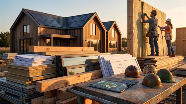Construction Workers Installing Insulation on Modern Sustainable Wooden House with Solar Panels