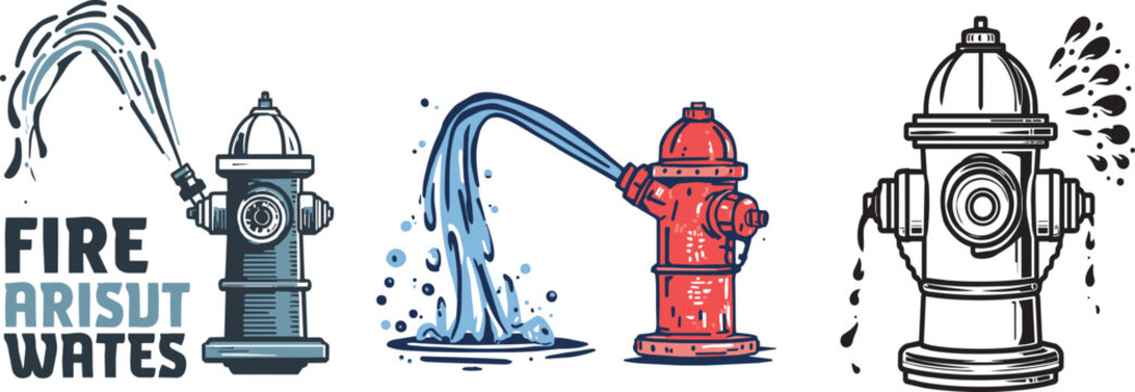 Classic red fire hydrant with flowing water illustration set, urban firefighting symbols collection, isolated vector sticker sheet for rescue and safety designs