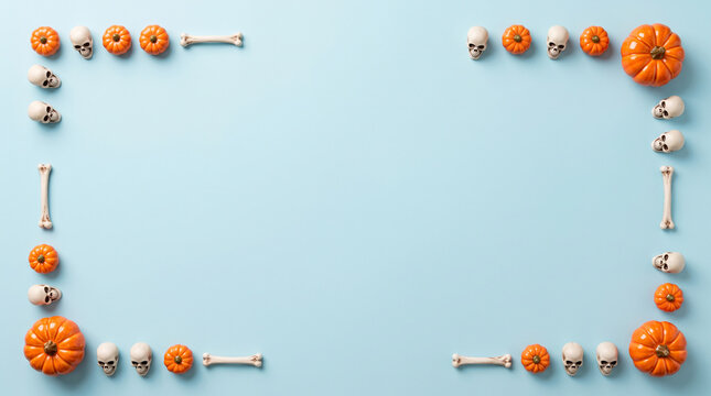Halloween frame with pumpkins bones and spooky decorations