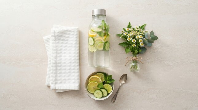Glass bottle of refreshing infused water with cucumber lemon and mint next to a small bouquet of chamomile flowers and a towel