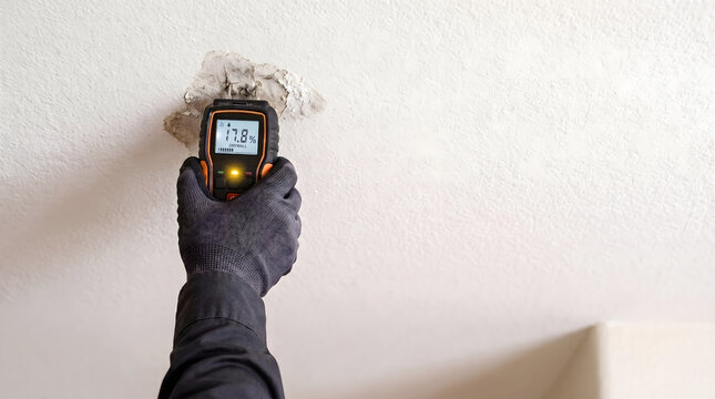 Hand in black glove holding digital moisture meter measuring 17.8% on damaged drywall ceiling, water damage inspection