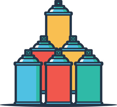 Colorful aerosol spray paint cans illustration set, vibrant industrial containers collection, isolated vector sticker sheet for graffiti and urban art designs