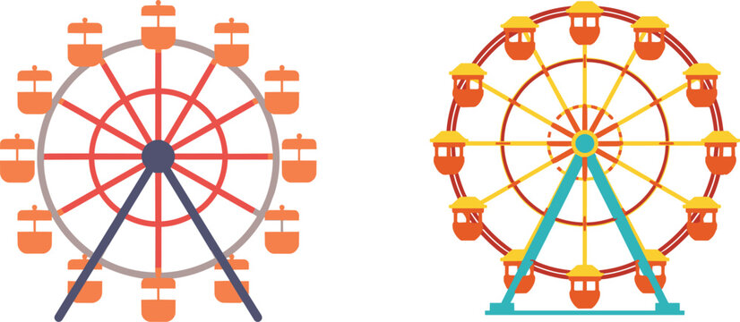Colorful amusement park ferris wheel illustration set, vintage carnival ride icons collection, isolated vector sticker sheet for funfair and festival designs