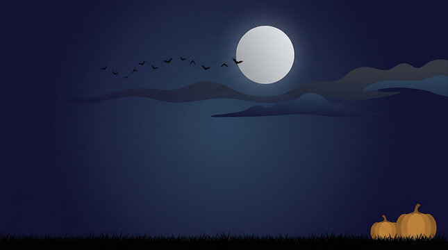 Autumn scene with pumpkins silhouetted against a full moon and flying birds