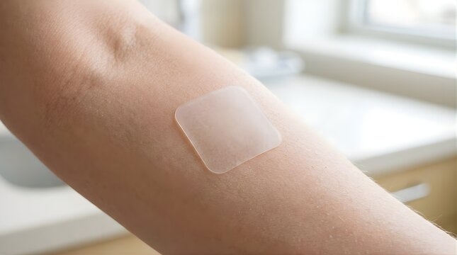 Transdermal medication patch applied on a human arm for medical treatment