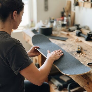 Artisan meticulously applies grip tape to a custom skateboard deck in a rustic woodworking studio