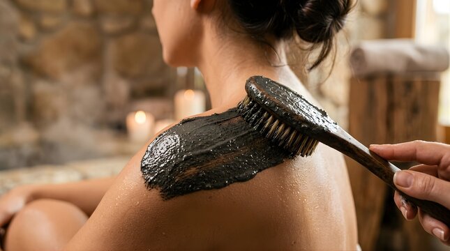 Woman receiving a charcoal body scrub treatment at a luxury spa resort
