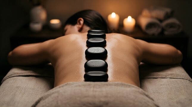 Woman receiving hot stone massage therapy in a dimly lit spa salon