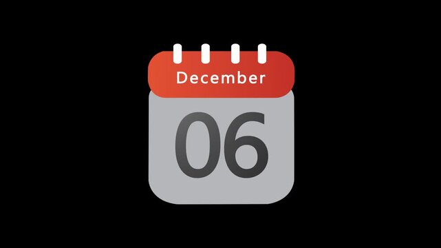 December 6. Calendar appearing,6 December day calendar animation without background ,Infrared calendar in futuristic, commemoratives in led and etc. Animated HUD month calendar on the alpha channel
