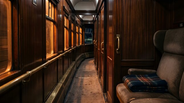 Luxury vintage train interior hallway with polished wood paneling and warm