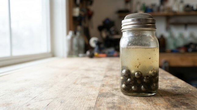 A vintage glass jar filled with metallic ball bearings soaking in a cleaning solvent resting upon a weathered wooden workbench