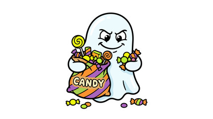 Fototapeta premium Cute Ghost Character Holding Candy Bag for Halloween