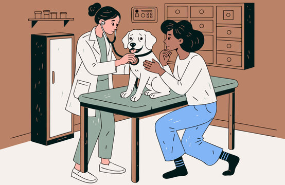 Veterinarian examining a dog with concerned pet owner in veterinary clinic, animal healthcare consultation and pet medical care illustration