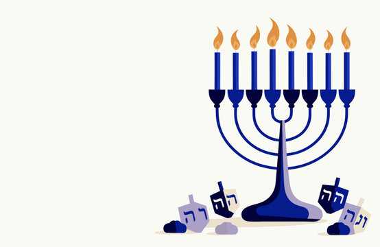 Hanukkah menorah with burning candles and dreidels on a light background, traditional jewish holiday celebration illustration with copy space
