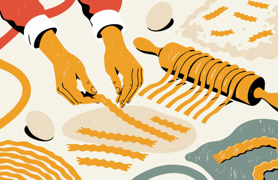 Hands making homemade pasta with rolling cutter, eggs and fresh dough on kitchen table, traditional cooking and food preparation illustration