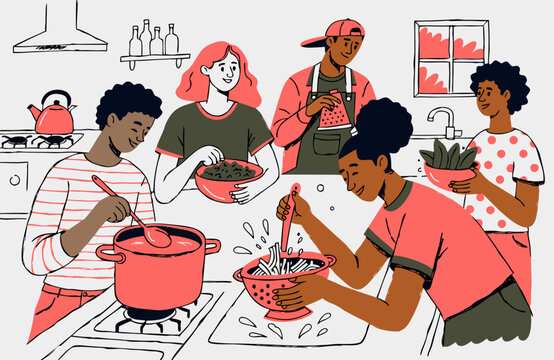 Friends cooking together in a kitchen, preparing fresh food and enjoying a social meal preparation activity at home