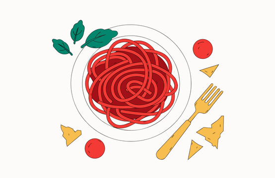 Plate of red spaghetti pasta with tomatoes, basil leaves, cheese and fork, colorful italian food illustration isolated on white background