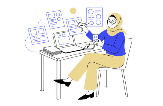 Muslim woman in hijab working on user interface design at laptop, creating digital layouts and planning web development in modern workspace