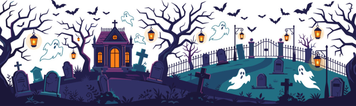 Spooky Halloween graveyard landscape vector background with ghosts tombstones haunted crypt and bats
