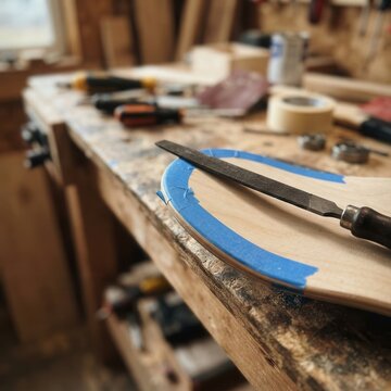 Artisan Woodworking Workshop Scene Featuring a Precision Metal File Shaping a Wooden Project on a Rustic Workbench with Professional Crafting Tools and Tape