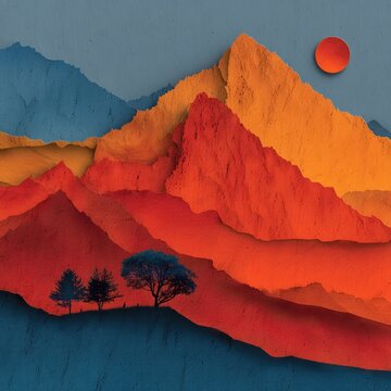 Vibrant Paper Cut Mountain Landscape with Sun and Trees.