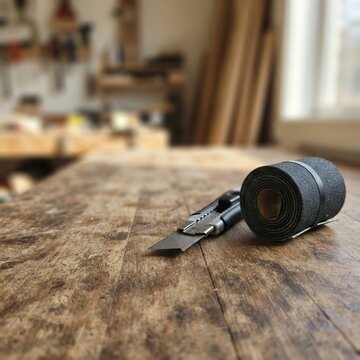 Sharp utility knife and a roll of abrasive sandpaper resting on a weathered rustic wooden workbench in a professional artisan workshop