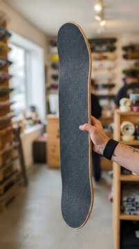 New skateboard deck held in a retail shop