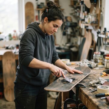 Artisan Carefully Restores a Wooden Skateboard