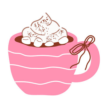 Cute pink cup of hot chocolate with whipped cream and marshmallows, cozy winter beverage concept