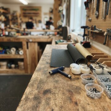 Authentic Skateboard Workshop Scene Featuring Precision Assembly Components and Professional Hand Tools on a Rustic Wooden Workbench for Custom Board Crafting