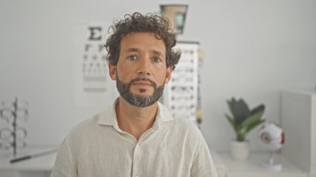 Man with beard faces camera with eyeglass frames and eye chart visible in studio; calm contemplation.